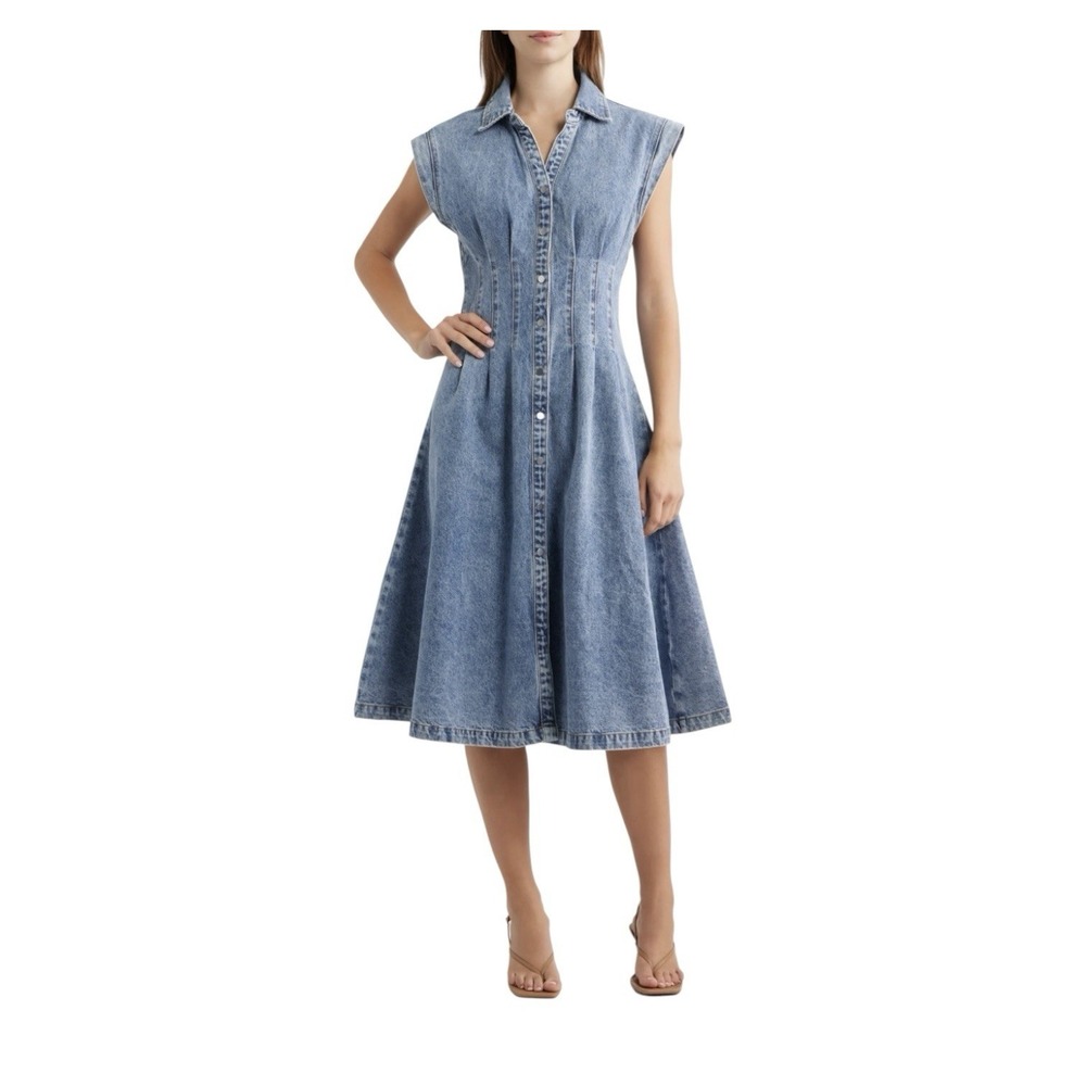 New TORN BY RONNY KOBO Edie Pleat Waist Denim Shirt Dress Women's Medium